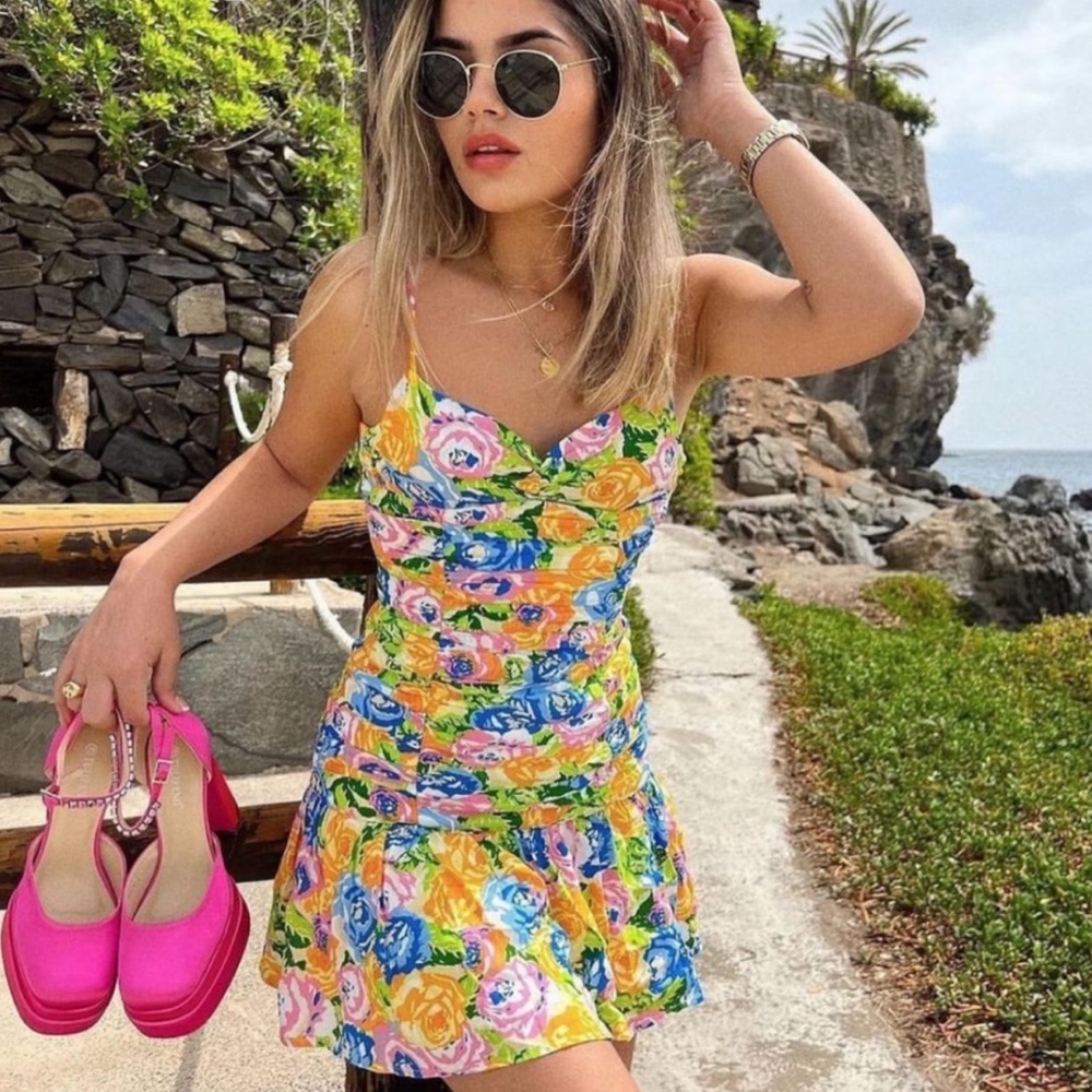 Zara Yellow Floral Mini Dress with Blue & Pink Accents
